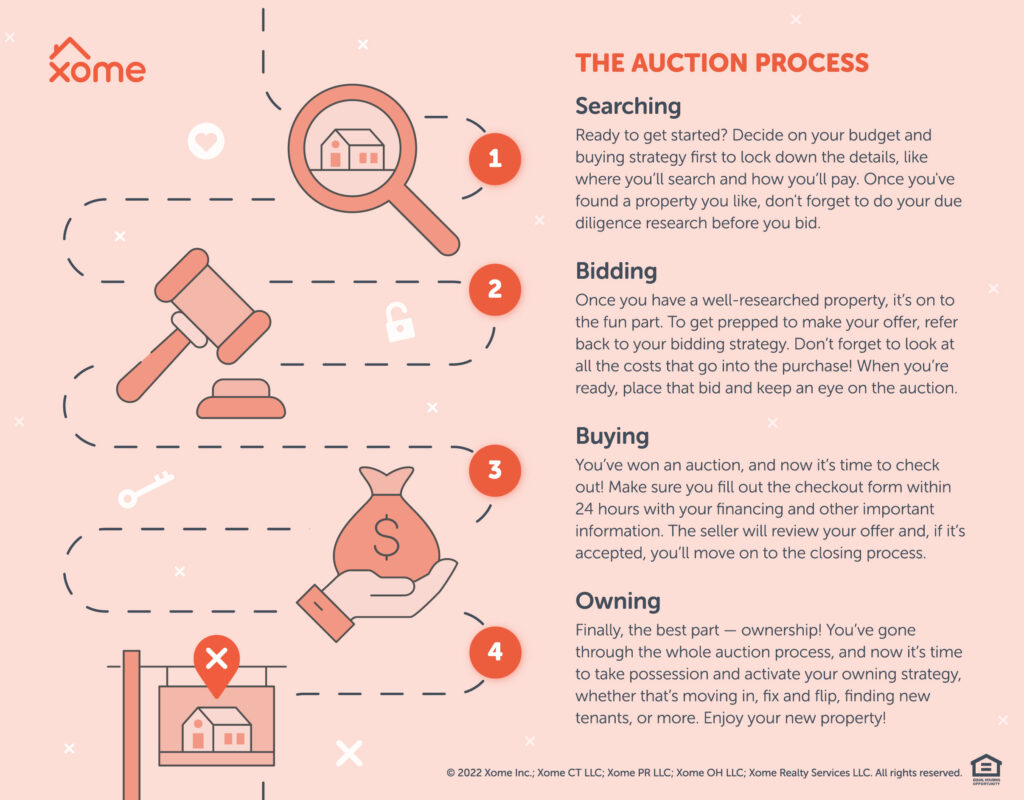 An infographic detailing the process of purchasing property at auction