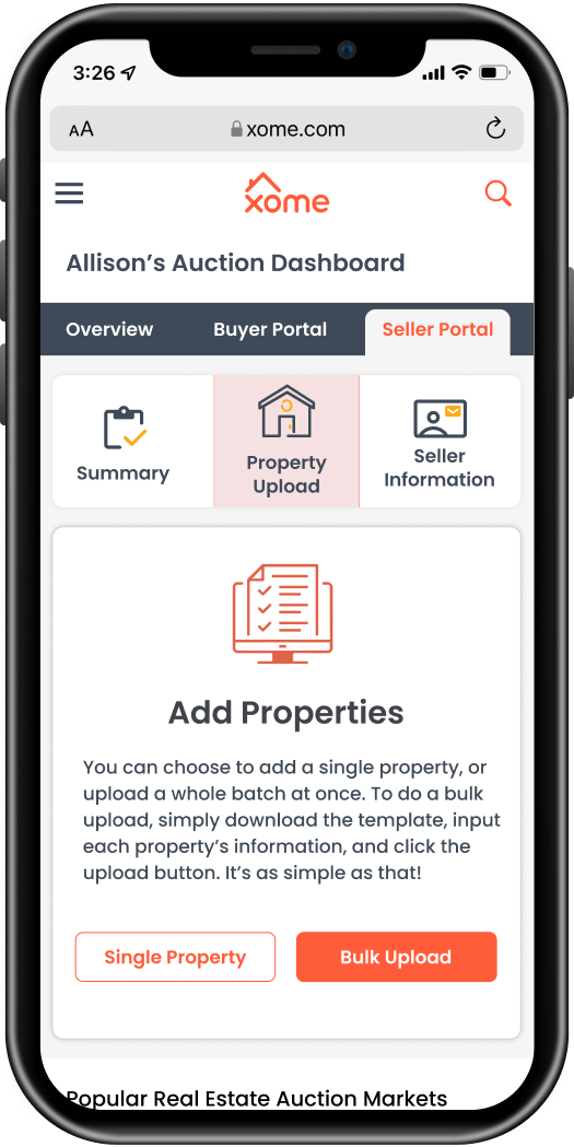 Mobile preview of Auction Dashboard to add single or multiple properties